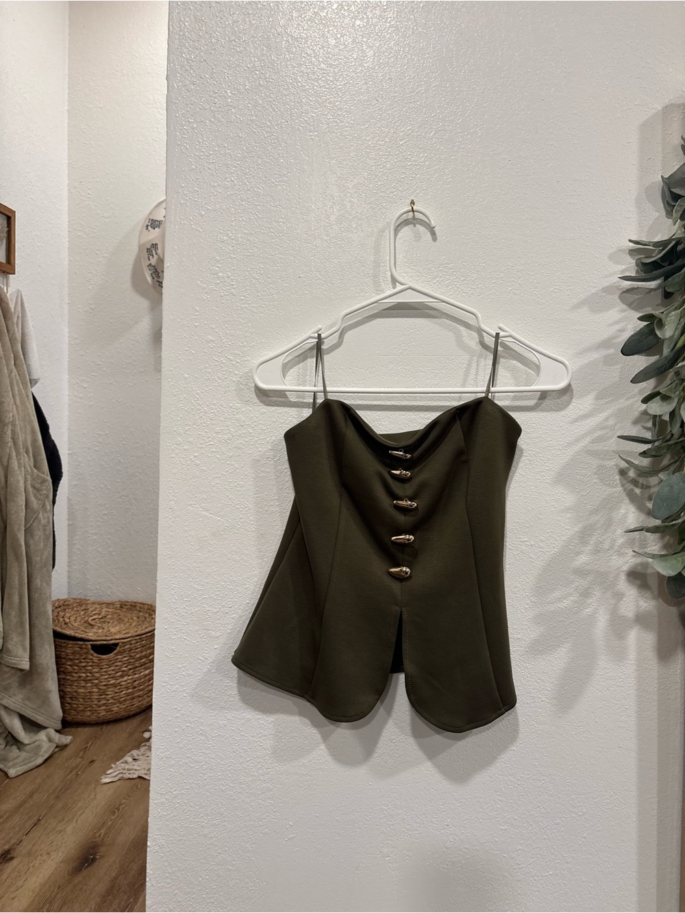 Olive Green Strapless Corset Top with Front Buttons